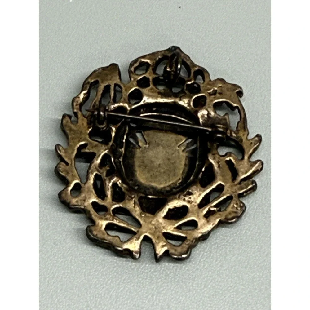 Vintage Green‎ Enamel Wreath Ornate Maltese Cross Brooch Pin Brass Tone Pendant